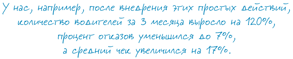 У нас, например, после внедрения этих простых действий, количество водителей за 3 месяца выросло на 120%, процент отказов уменьшился до 7%, а средний чек увеличился на 17%.